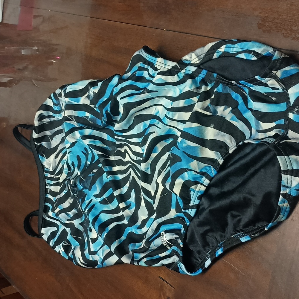 Speedo one piece Blue and White Bathing Suit with zebra stripes. Size 38